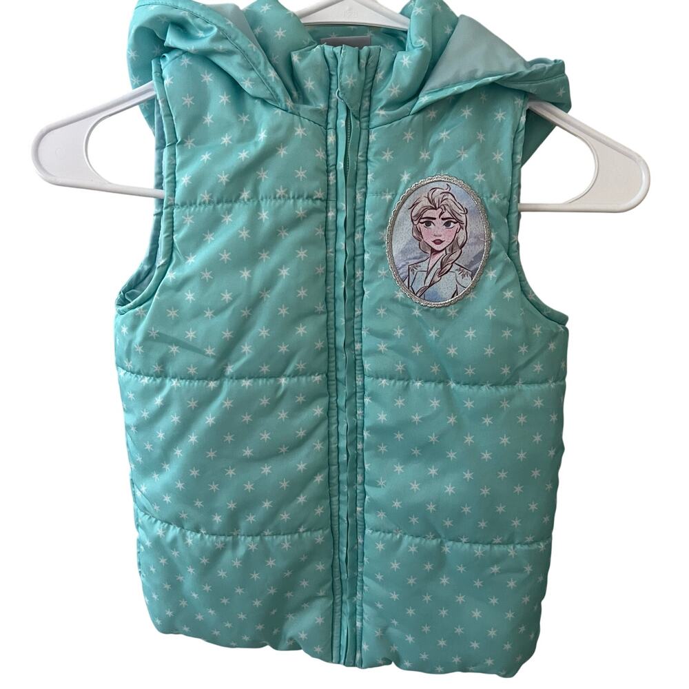 Frozen 2 Disney Kid's Elsa Puffer Vest Blue with White Polka Dots Size 6 EUC
